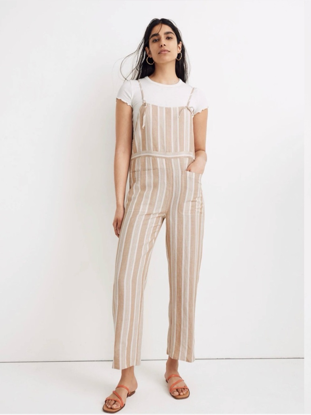 Madewell Tan White Striped Tie-Strap Wide-Leg Overalls Medium linen blend